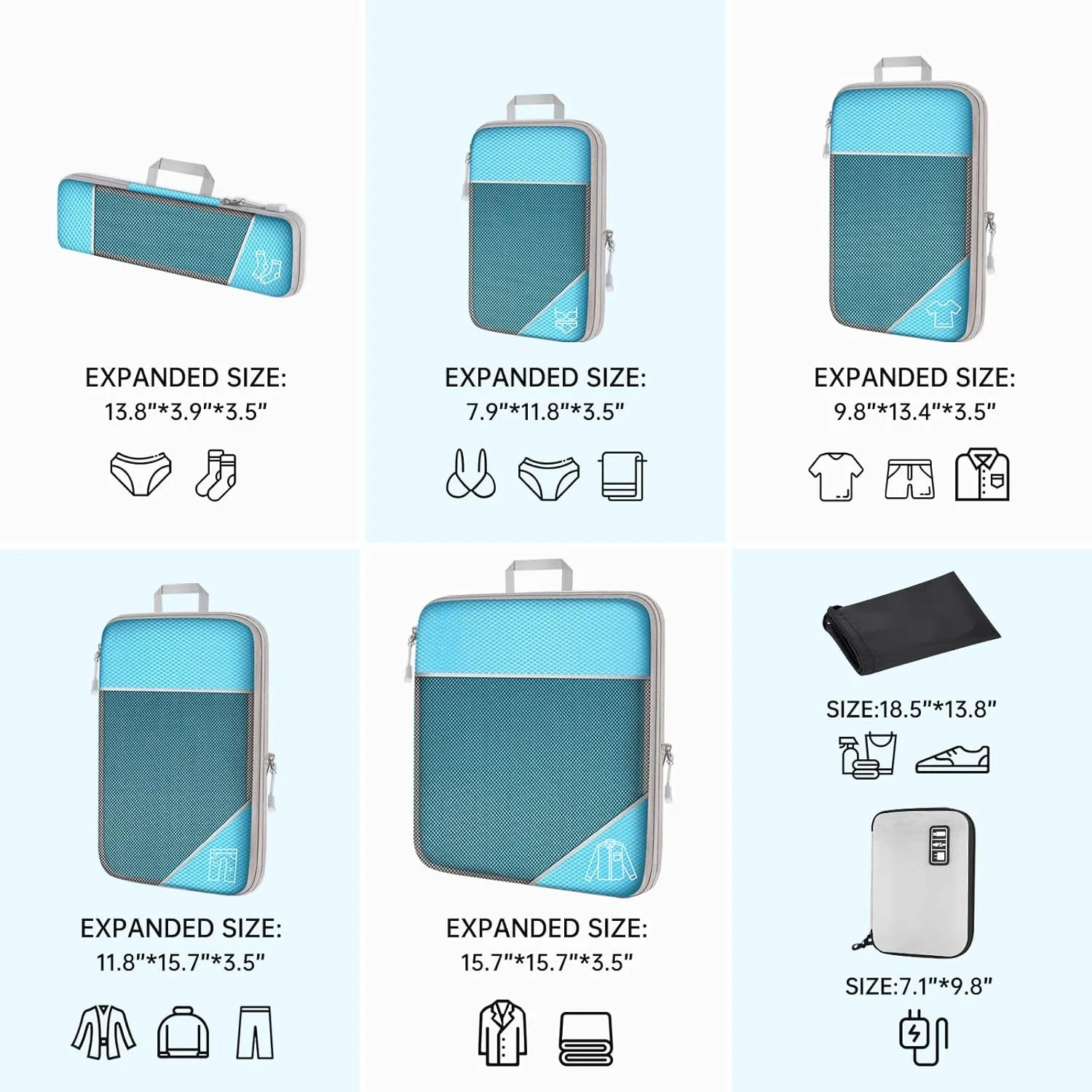 NiHome 7PCS Compression Packing Cube Set Expandable Mesh Travel Bag Luggage Organizers with Electronic Cable Cord Charger Organizer Drawstring Bag for Trip Home Storage Travel Gear Accessories (Blue)