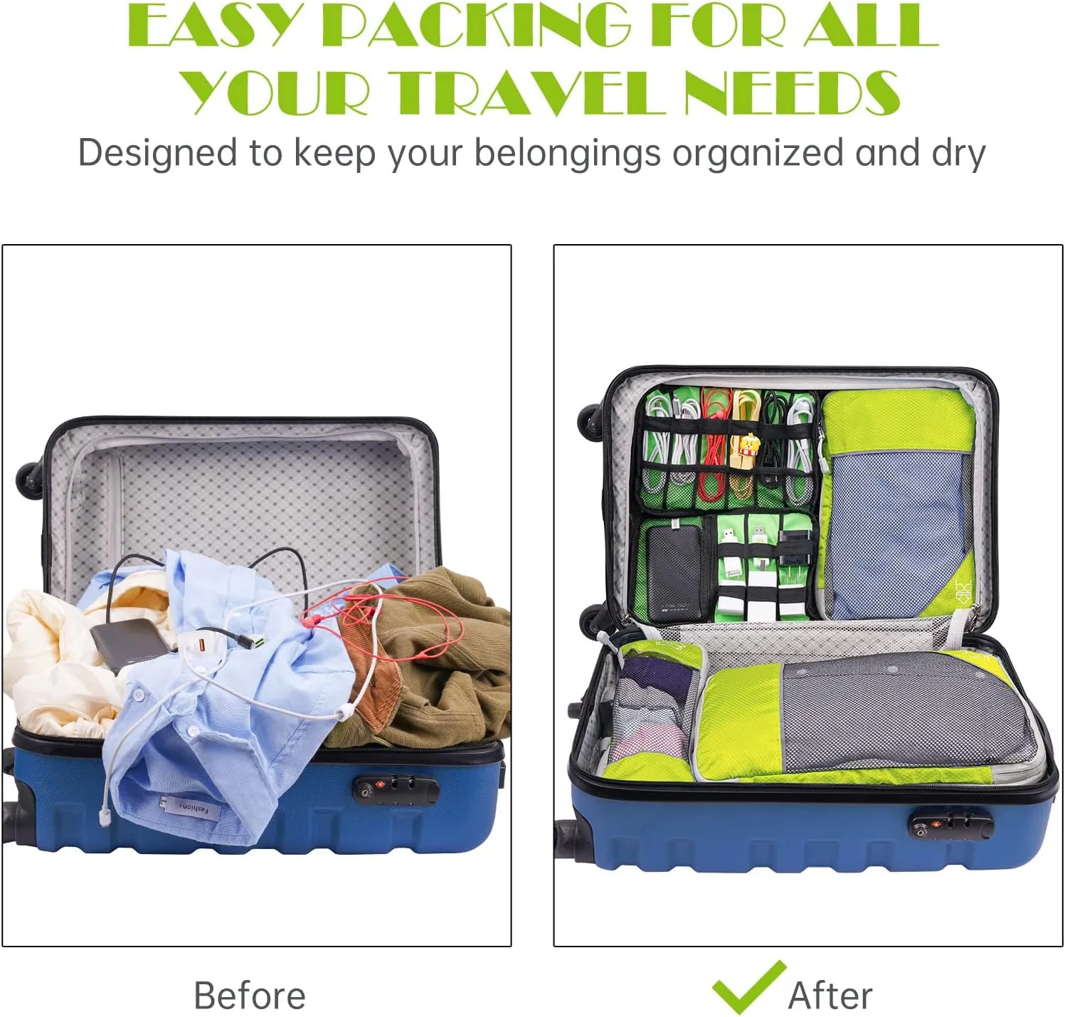 NiHome 7PCS Compression Packing Cube Set Expandable Mesh Travel Bag Luggage Organizers with Electronic Cable Cord Charger Organizer Drawstring Bag (Green)