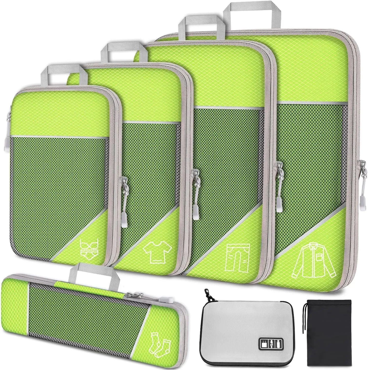 NiHome 7PCS Compression Packing Cube Set Expandable Mesh Travel Bag Luggage Organizers with Electronic Cable Cord Charger Organizer Drawstring Bag (Green)