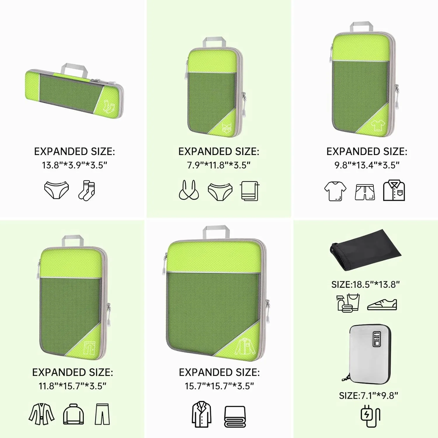 NiHome 7PCS Compression Packing Cube Set Expandable Mesh Travel Bag Luggage Organizers with Electronic Cable Cord Charger Organizer Drawstring Bag (Green)
