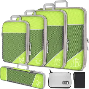 NiHome 7PCS Compression Packing Cube Set Expandable Mesh Travel Bag Luggage Organizers with Electronic Cable Cord Charger Organizer Drawstring Bag (Green)