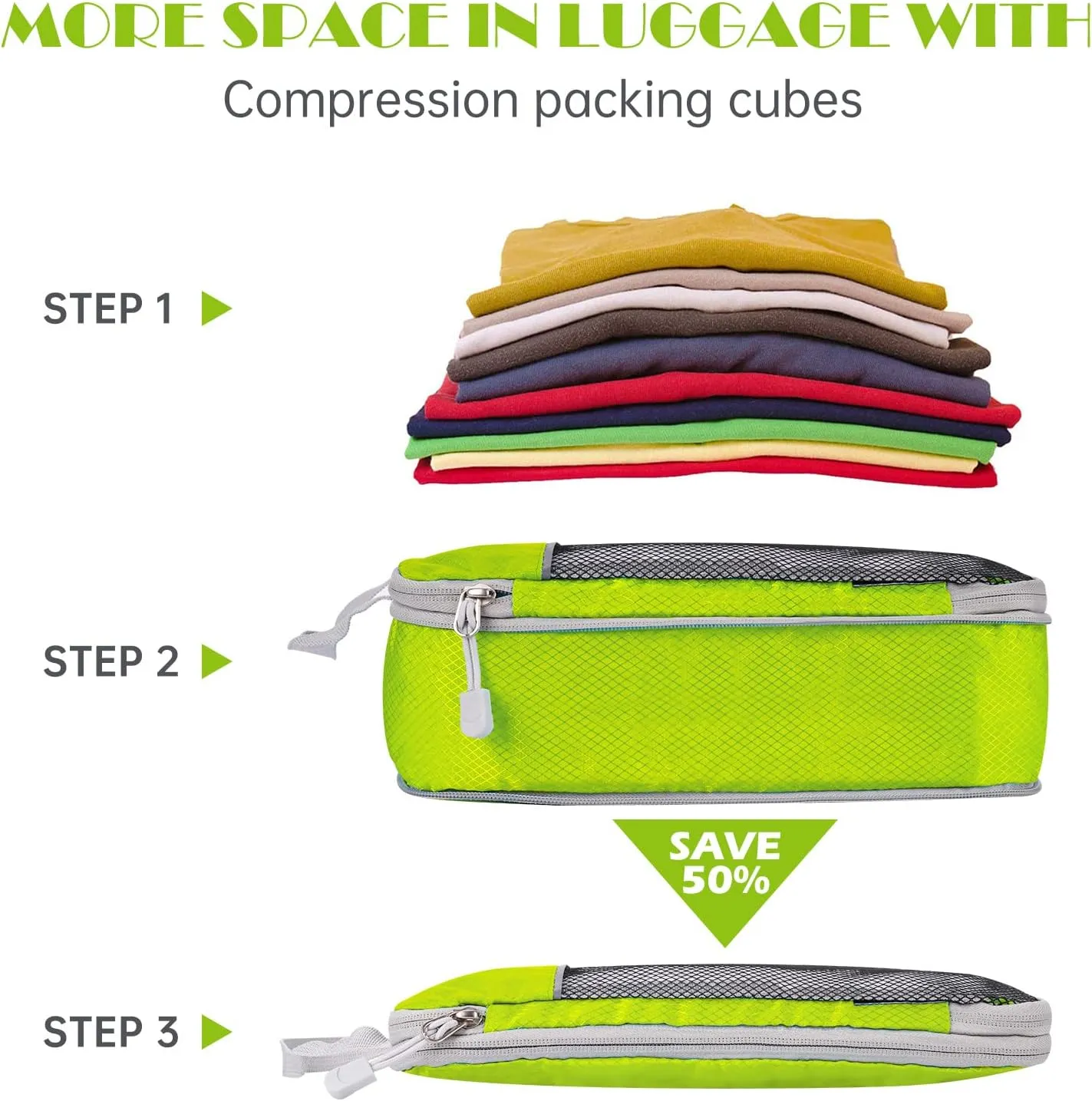 NiHome 7PCS Compression Packing Cube Set Expandable Mesh Travel Bag Luggage Organizers with Electronic Cable Cord Charger Organizer Drawstring Bag (Green)