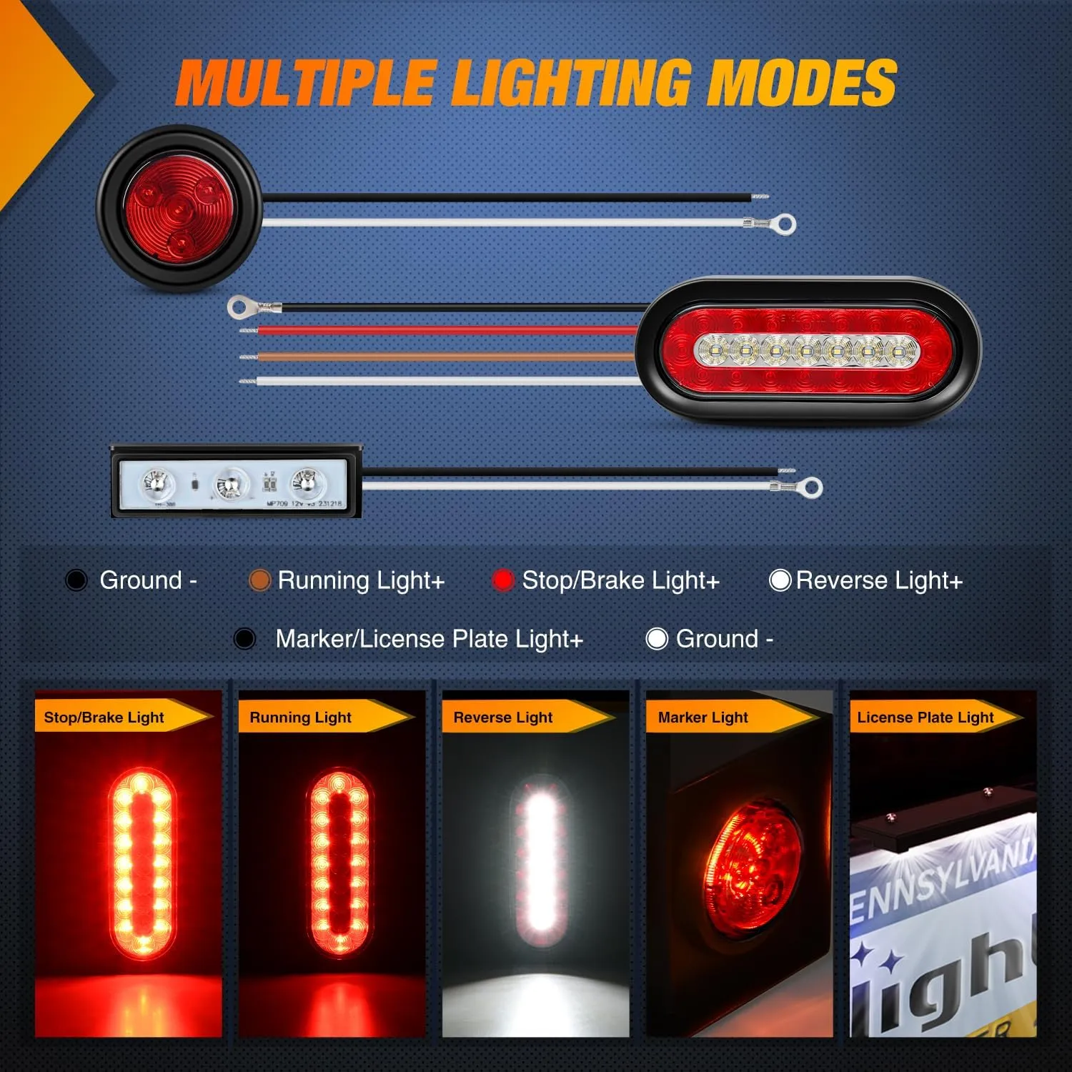 Nilight 2 PCS Steel Trailer Light Boxes Housing Kit 3LED License Plate Lights 6 Inches Oval Red White Trailight 2 Inch Round Side Marker Lamp Grommet Plugs for Truck Tractor Car