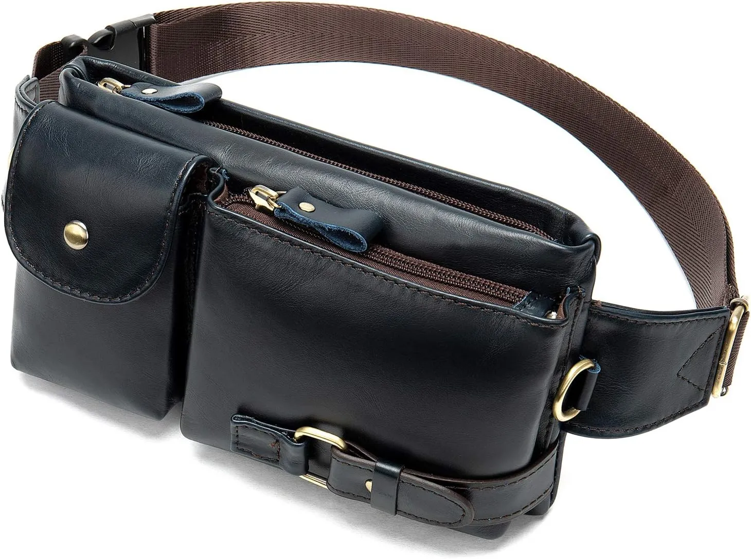 NIUCUNZH Cowhide Waist Fanny Pack-Genuine Leather and Slim with Adjustable Waistband Dark Blue