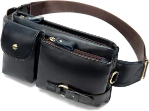 NIUCUNZH Cowhide Waist Fanny Pack-Genuine Leather and Slim with Adjustable Waistband Dark Blue
