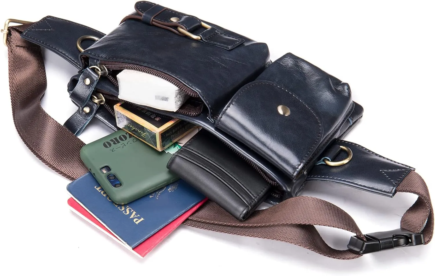 NIUCUNZH Cowhide Waist Fanny Pack-Genuine Leather and Slim with Adjustable Waistband Dark Blue