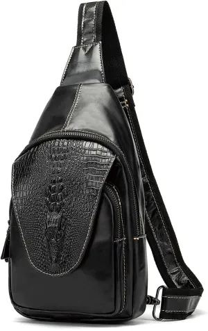 NIUCUNZH Handmade Genuine Leather Crossbody Sling Bag Crocodile Embossing Chest Bag Waterproof Shoulder Bag