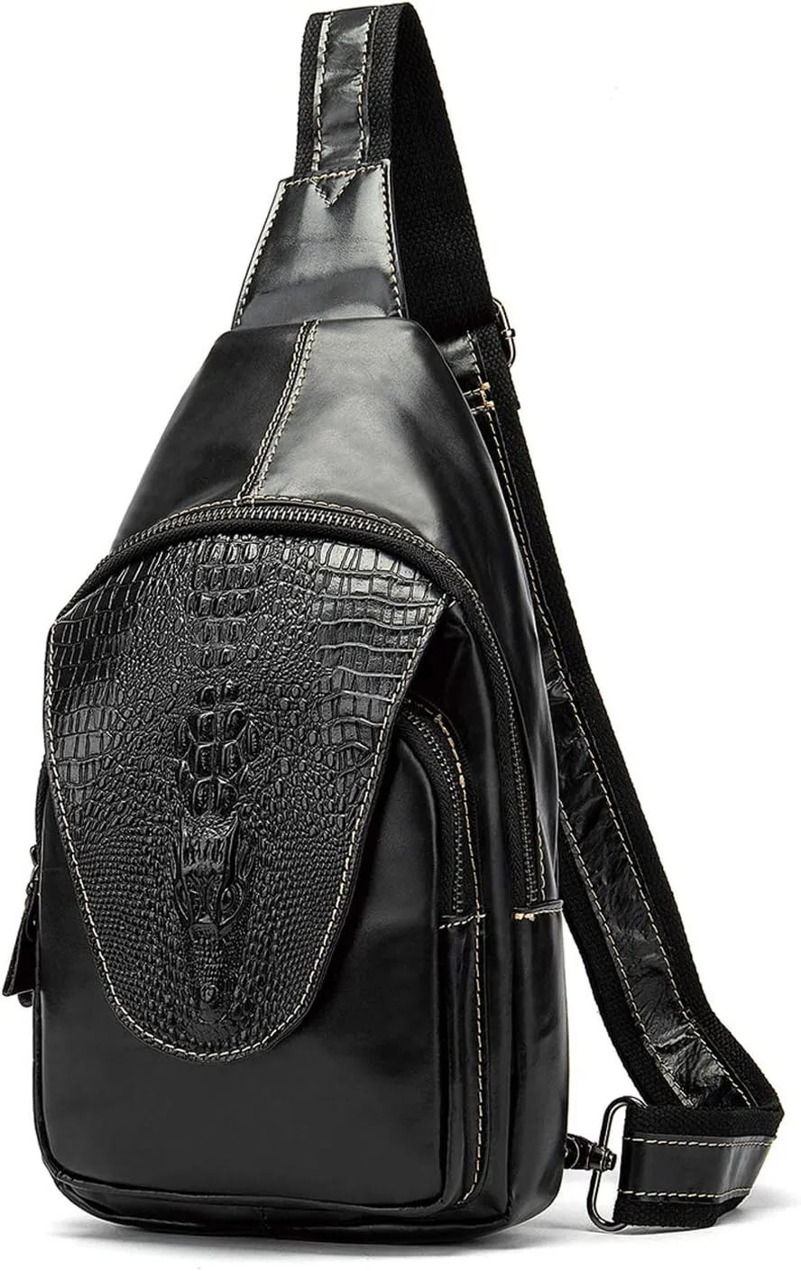 NIUCUNZH Handmade Genuine Leather Crossbody Sling Bag Crocodile Embossing Chest Bag Waterproof Shoulder Bag