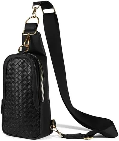 Nollia Small Black Leather Sling Bag for Women | Fashion Crossbody Bag | Chest Bag with Adjustable and Reversible Strap