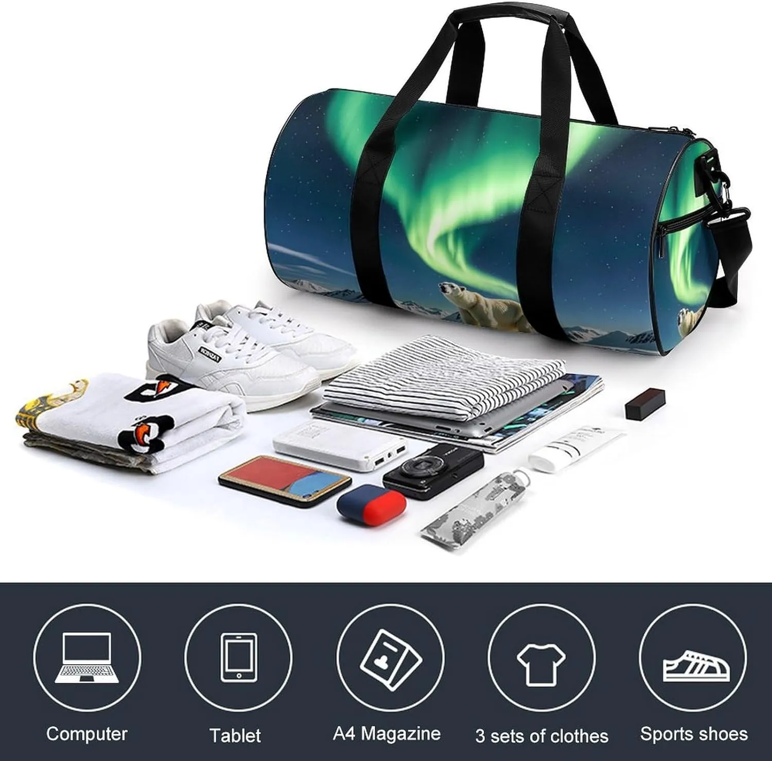 Northern Lights Polar Bear Gym Bag Small Travel Duffle Bag with Compartment Carry On Weekender Bag for Women Men