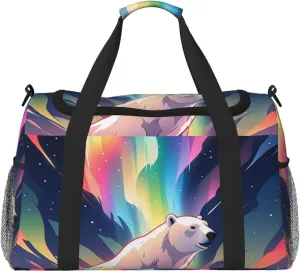 Northern Lights Polar Bear Print Travel Duffle Bag - Foldable Personal Item Travel Bag for Women & Men,Carry-On Convertible Crossbody Tote Bags with Adjustable Shoulder Strap & Pockets 13x10.2x19.7 in