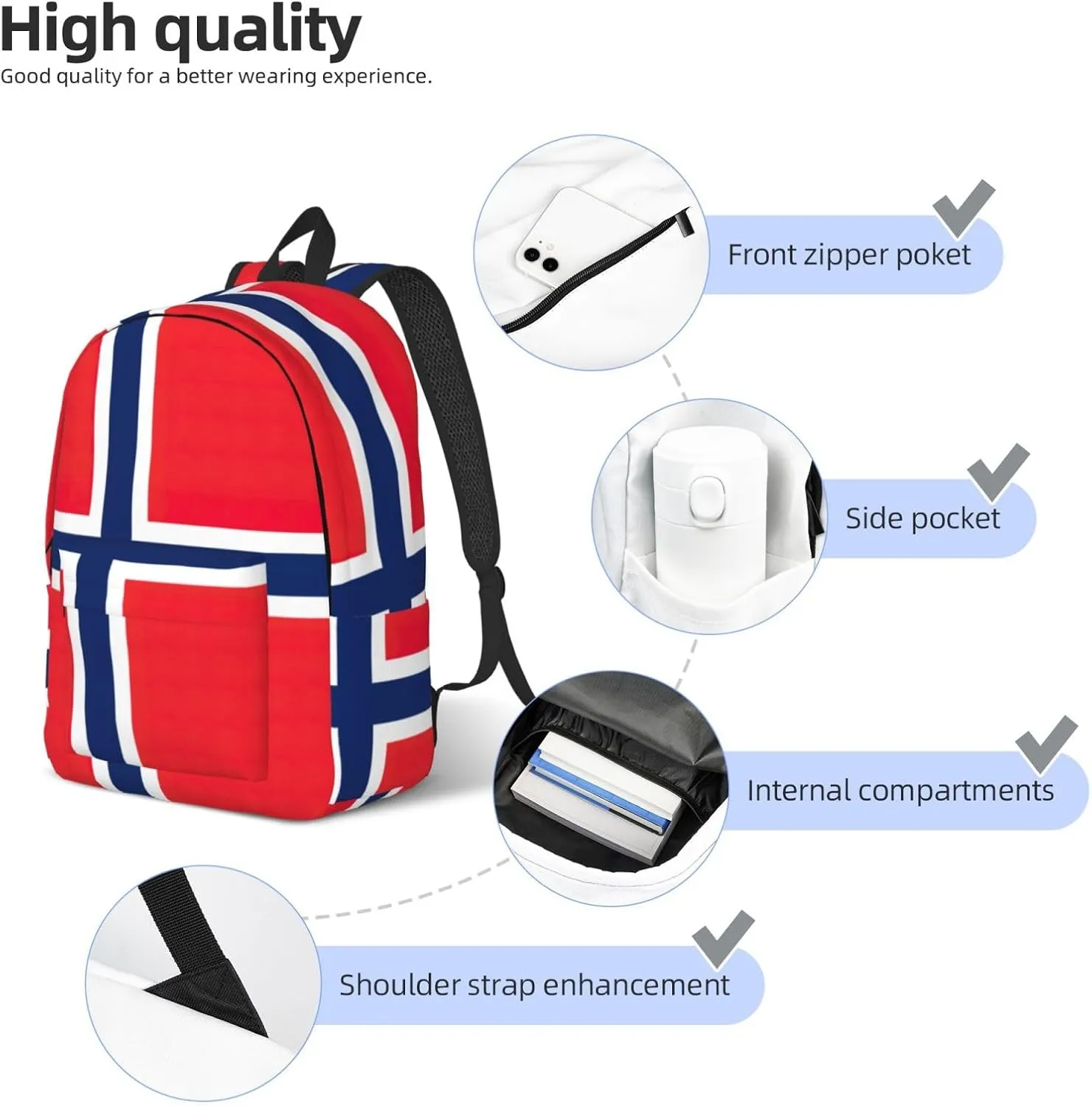 Norwegian flag print Large Laptop Backpack for Women, Work Business Backpacks College Bookbag for School