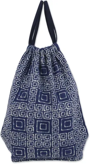 NOVICA Artisan Handmade Cotton Drawstring Backpack Indigo Blue Batik Square Motif Handbags Shoulder Printed Thailand Geometric ' Indigo Maze'