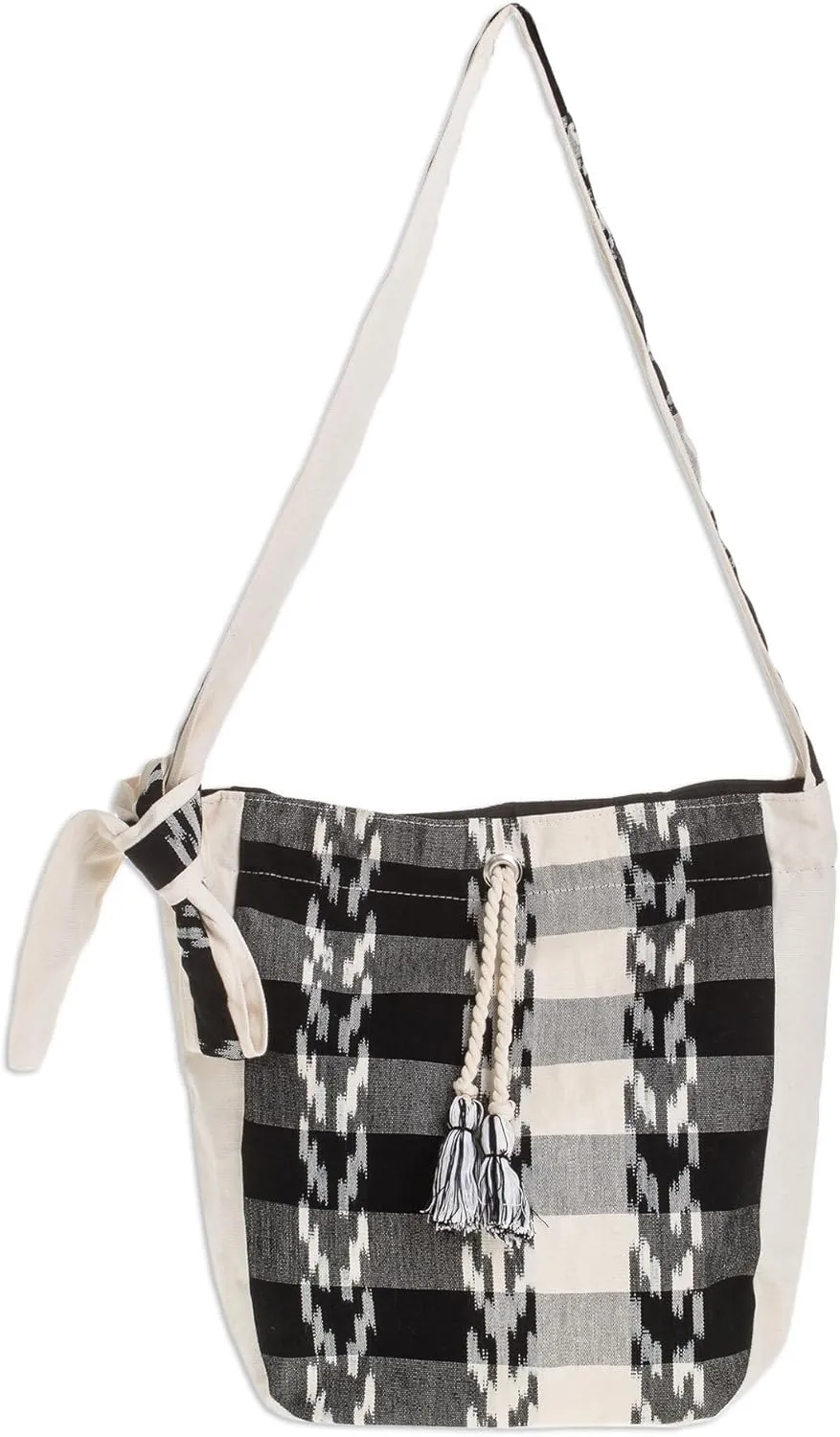 NOVICA Artisan Handwoven Cotton Bucket Bag in Black Ivory Handbags Shoulder Slings Shopping Patternedstriped Guatemala ' Black and Ivory'