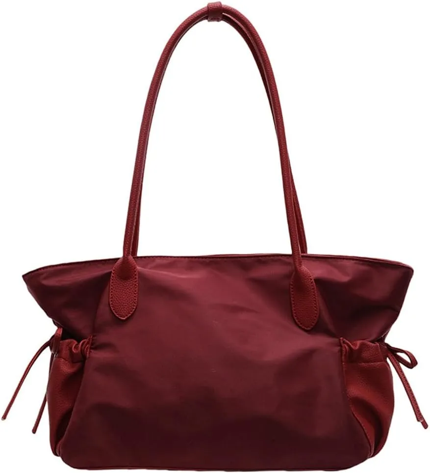 Nylon Tote Bags for Women Lightweight Bow-Tie Drawstring Shoulder Bag with Large Capacity PU Leather Handbags