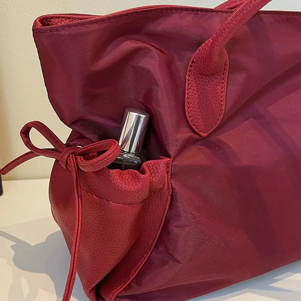 Nylon Tote Bags for Women Lightweight Bow-Tie Drawstring Shoulder Bag with Large Capacity PU Leather Handbags