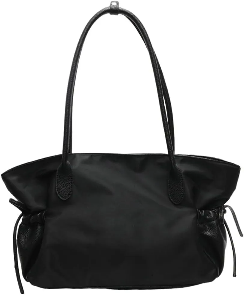 Nylon Tote Bags for Women Lightweight Bow-Tie Drawstring Shoulder Bag with Large Capacity PU Leather Handbags