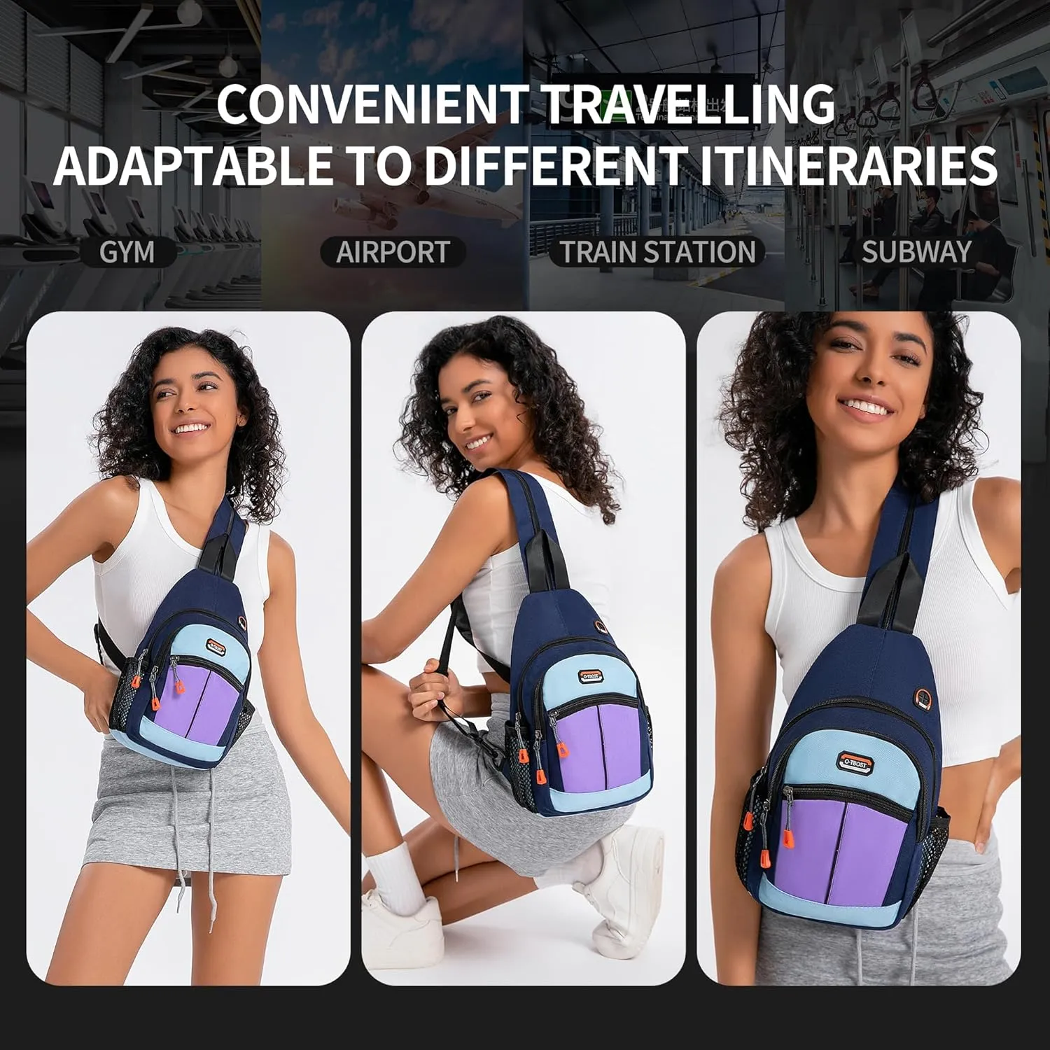 O-TBOST Small Sling Bags for Women Crossbody Backpack Multi-Pocket Adjustable Strap Daypack for Outdoors Hiking Traveling (purple)