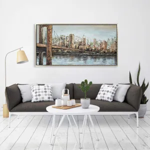 Oakland Living Hand Painted Acrylic Wall Art New York Cityscape on a 55 x 28 Rectangular Canvas with a Silver Wooden Frame