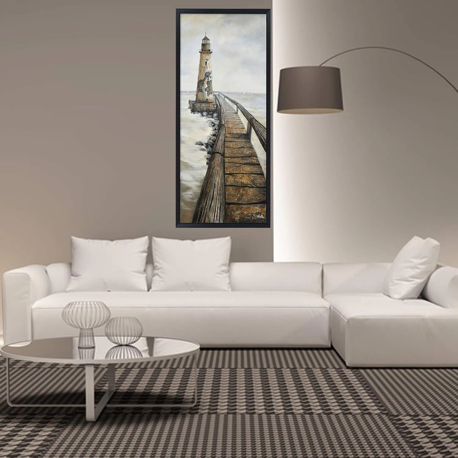 Oakland Living Hand Painted Acrylic Wall Art Vintage Light House 32 x 71 Rectangular Canvas with a Black Wooden Frame