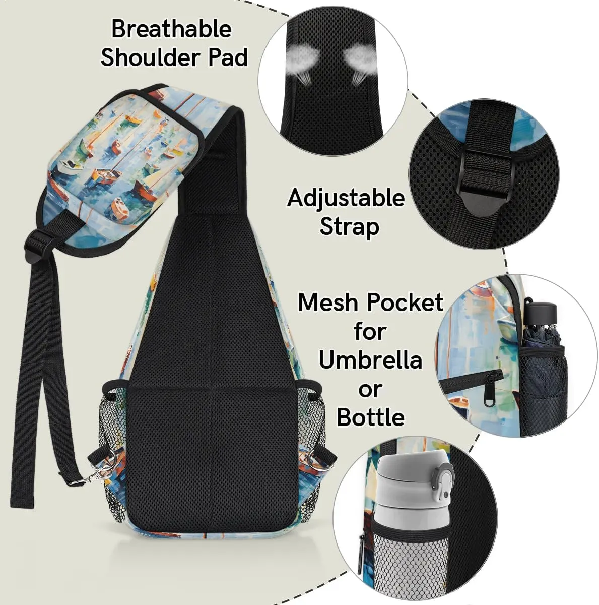 Ocean Sailboats Sling Bag for Women Men, Waterproof Crossbody Sling Backpack Travel Outdoor Sports Chest Bag