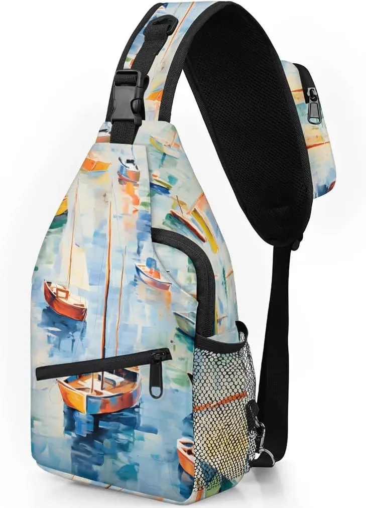 Ocean Sailboats Sling Bag for Women Men, Waterproof Crossbody Sling Backpack Travel Outdoor Sports Chest Bag