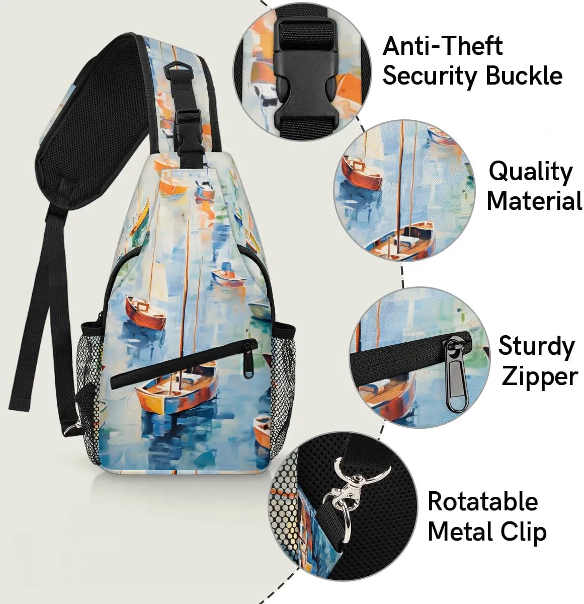 Ocean Sailboats Sling Bag for Women Men, Waterproof Crossbody Sling Backpack Travel Outdoor Sports Chest Bag
