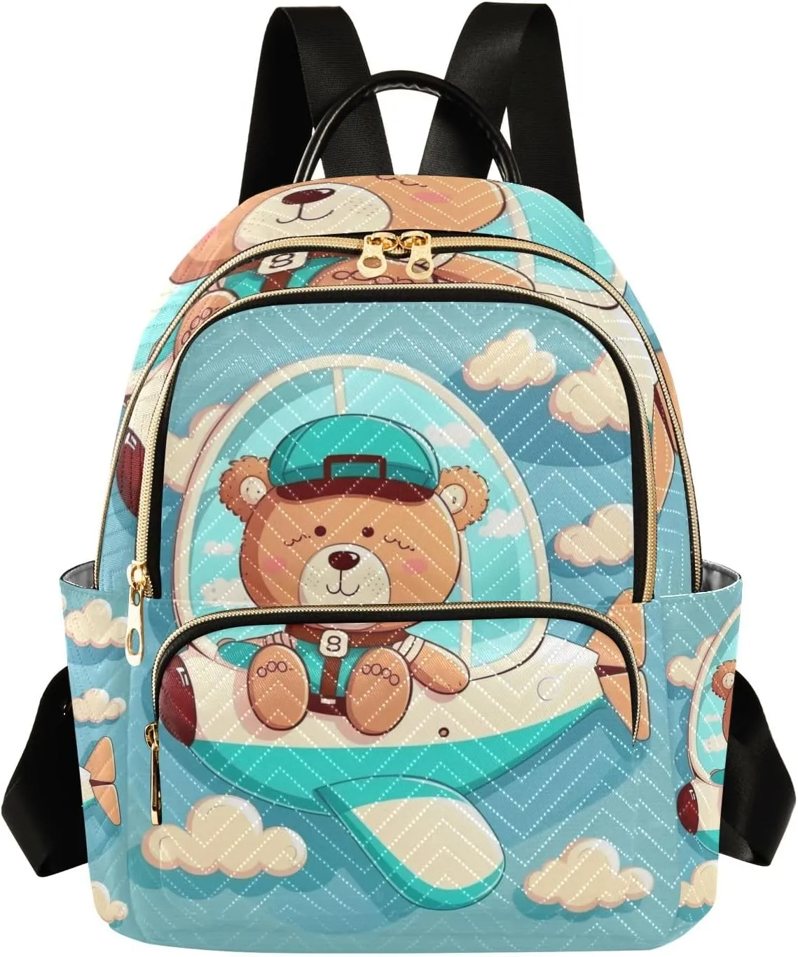 ODAWA Bear on Blue Plane Backpack Purses Quilted Travel Backpack