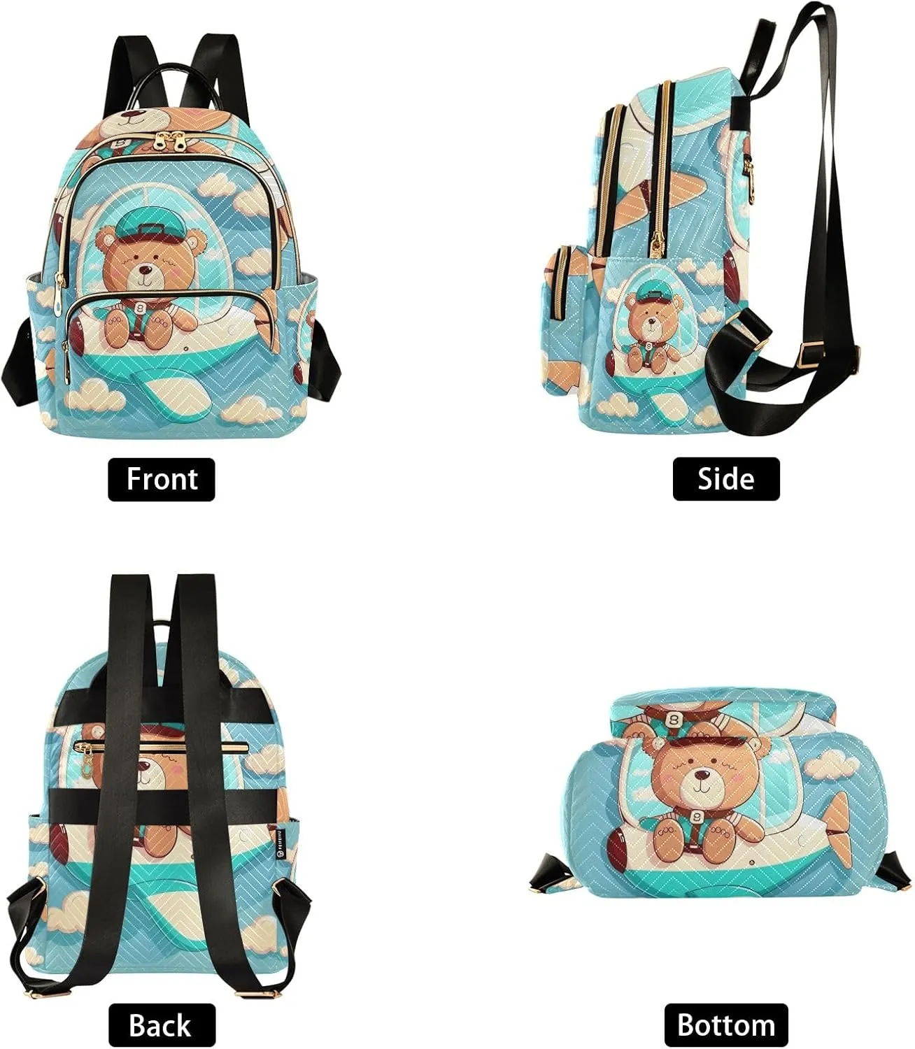 ODAWA Bear on Blue Plane Backpack Purses Quilted Travel Backpack