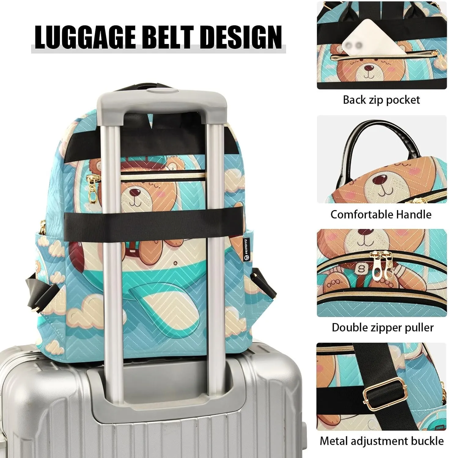 ODAWA Bear on Blue Plane Backpack Purses Quilted Travel Backpack