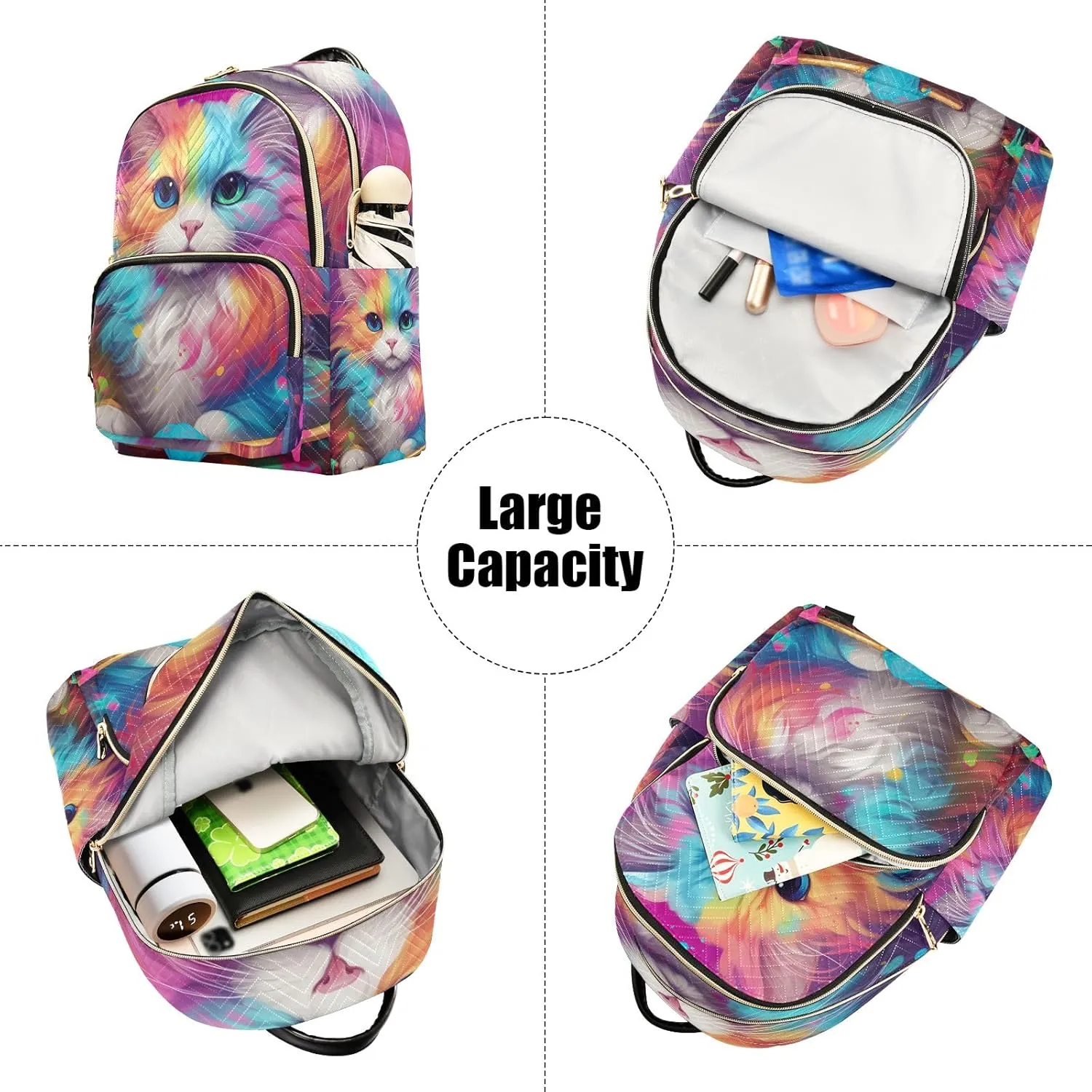 ODAWA Colorful Cat Quilted Backpack Women Backpack Purse Quilted Travel Bag