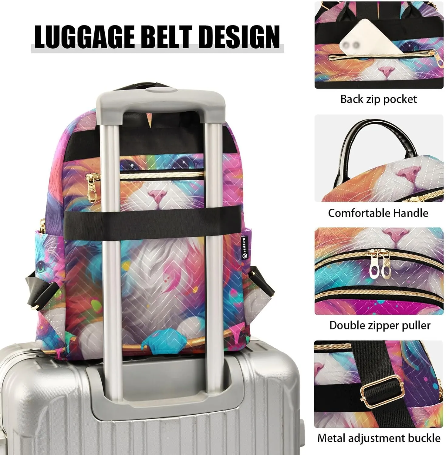 ODAWA Colorful Cat Quilted Backpack Women Backpack Purse Quilted Travel Bag
