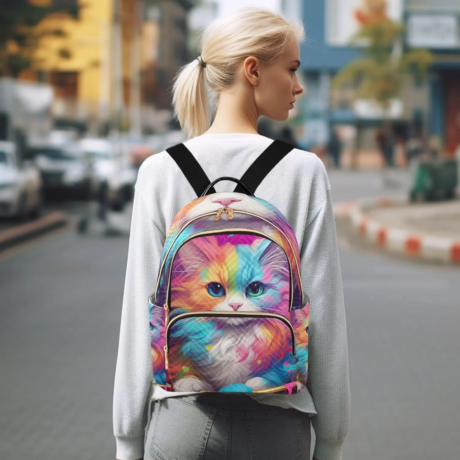 ODAWA Colorful Cat Quilted Backpack Women Backpack Purse Quilted Travel Bag