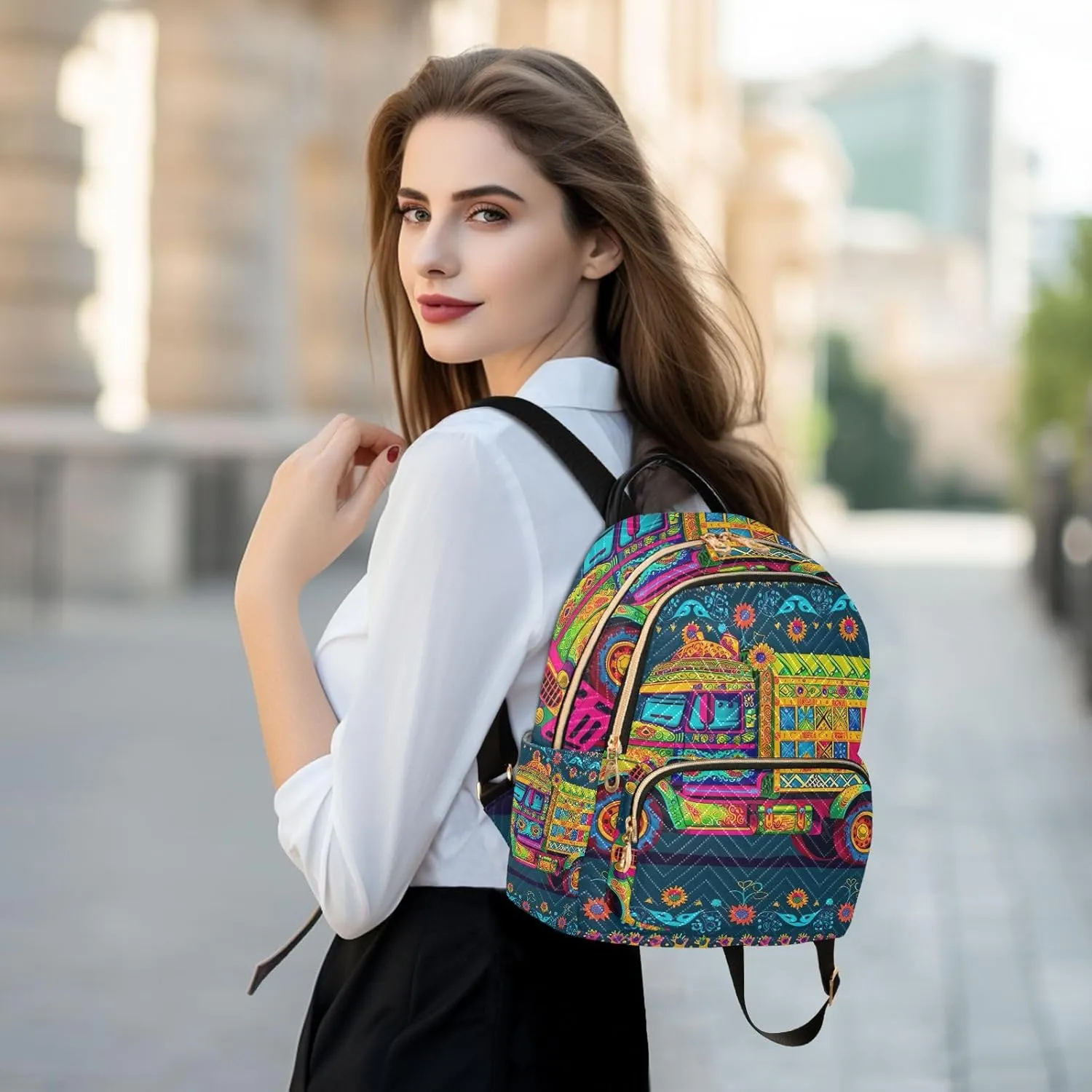 ODAWA Colorful Design Truck Ladies Backpack Purse Quilted Travel Backpack for Women Small