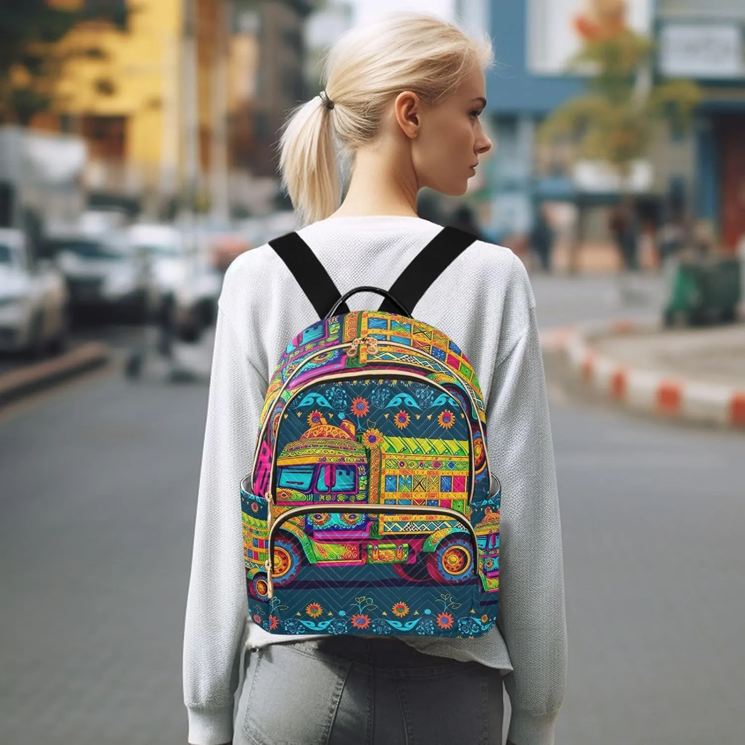 ODAWA Colorful Design Truck Ladies Backpack Purse Quilted Travel Backpack for Women Small