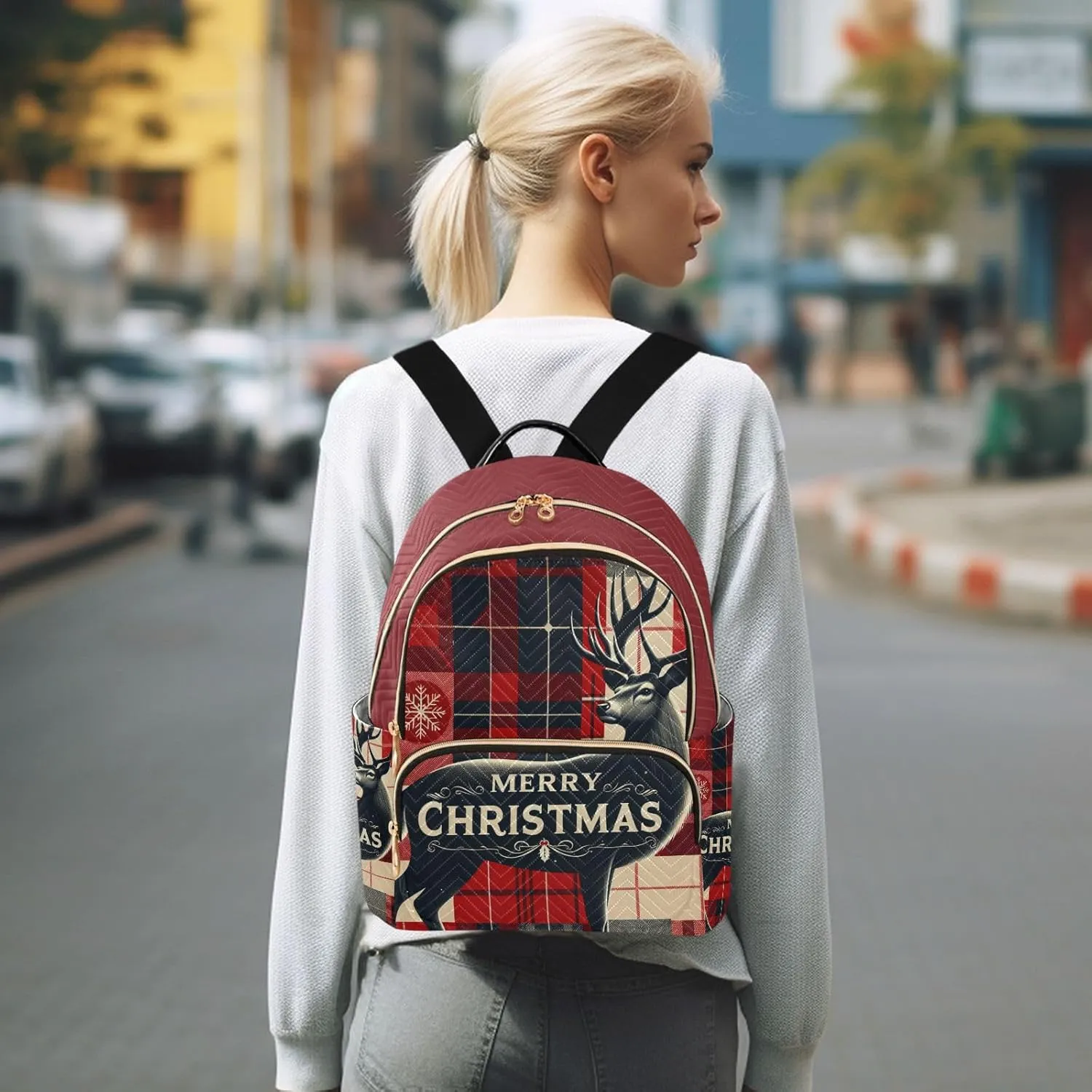 ODAWA Merry Christmas Deer Quilted Backpacks Purse Backpack for Women Small Ladies Travel Backpack
