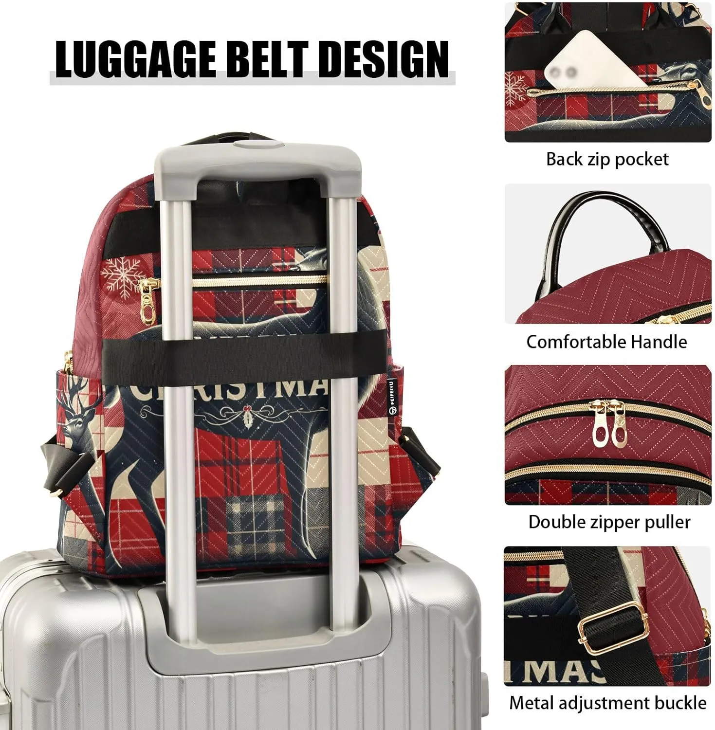 ODAWA Merry Christmas Deer Quilted Backpacks Purse Backpack for Women Small Ladies Travel Backpack