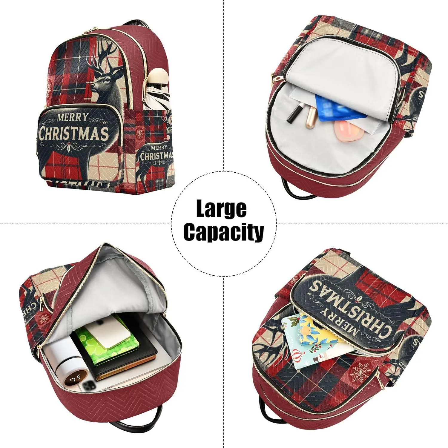 ODAWA Merry Christmas Deer Quilted Backpacks Purse Backpack for Women Small Ladies Travel Backpack