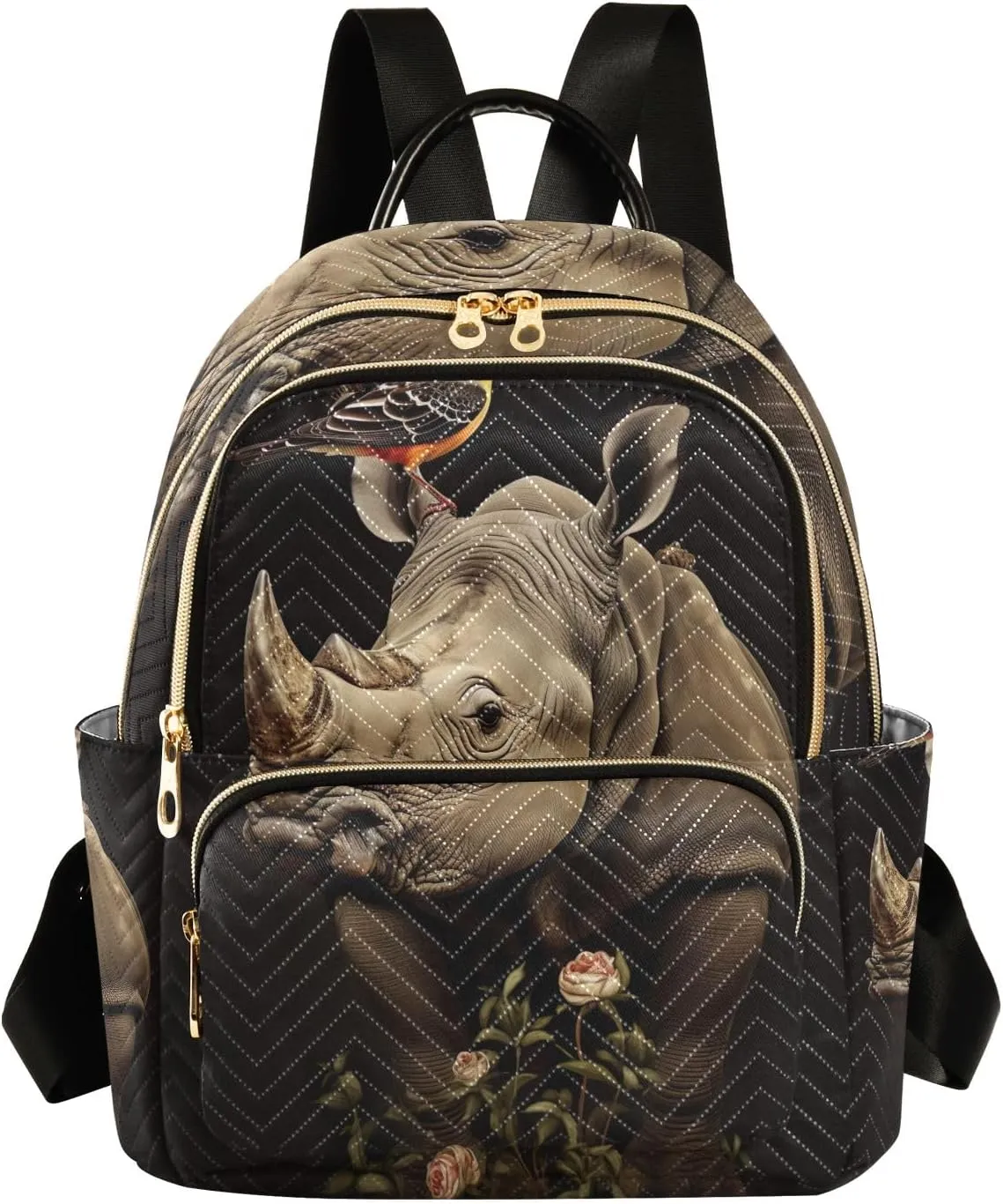 ODAWA Rhino with Bird Woman Backpack Purse Quilted Travel Purse