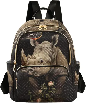 ODAWA Rhino with Bird Woman Backpack Purse Quilted Travel Purse