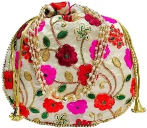 OFF-Whiite Potli Bag Multicolor Thread Floral Design Wedding Return Gift for Ladies Gift for Women Handbags Traditional