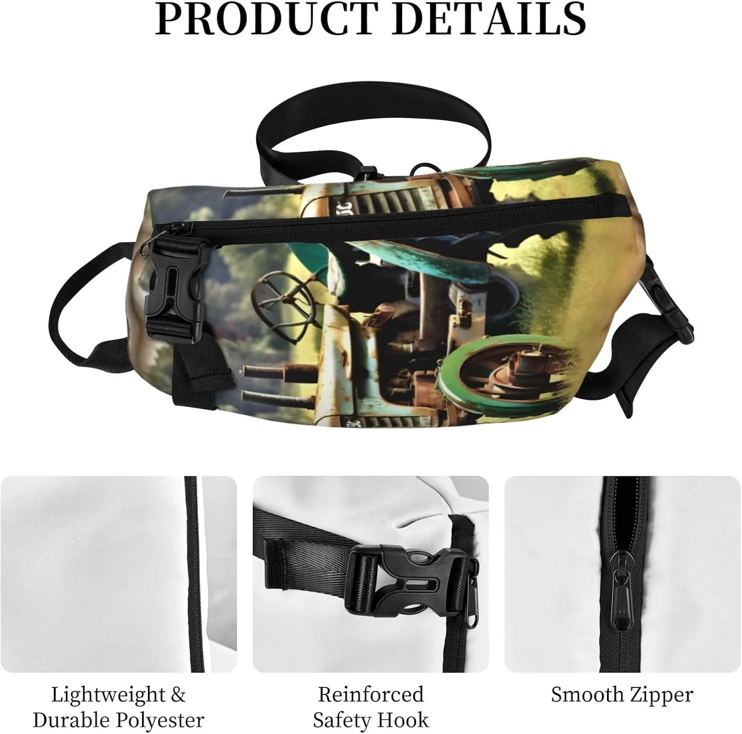 Old Tractor Photo Farm Print Crossbody Backpack Casual Sling Bag Travel Lightweight, Adjustable Cross Bag