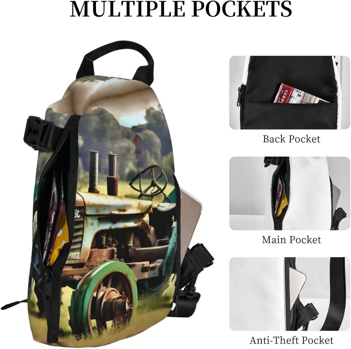 Old Tractor Photo Farm Print Crossbody Backpack Casual Sling Bag Travel Lightweight, Adjustable Cross Bag