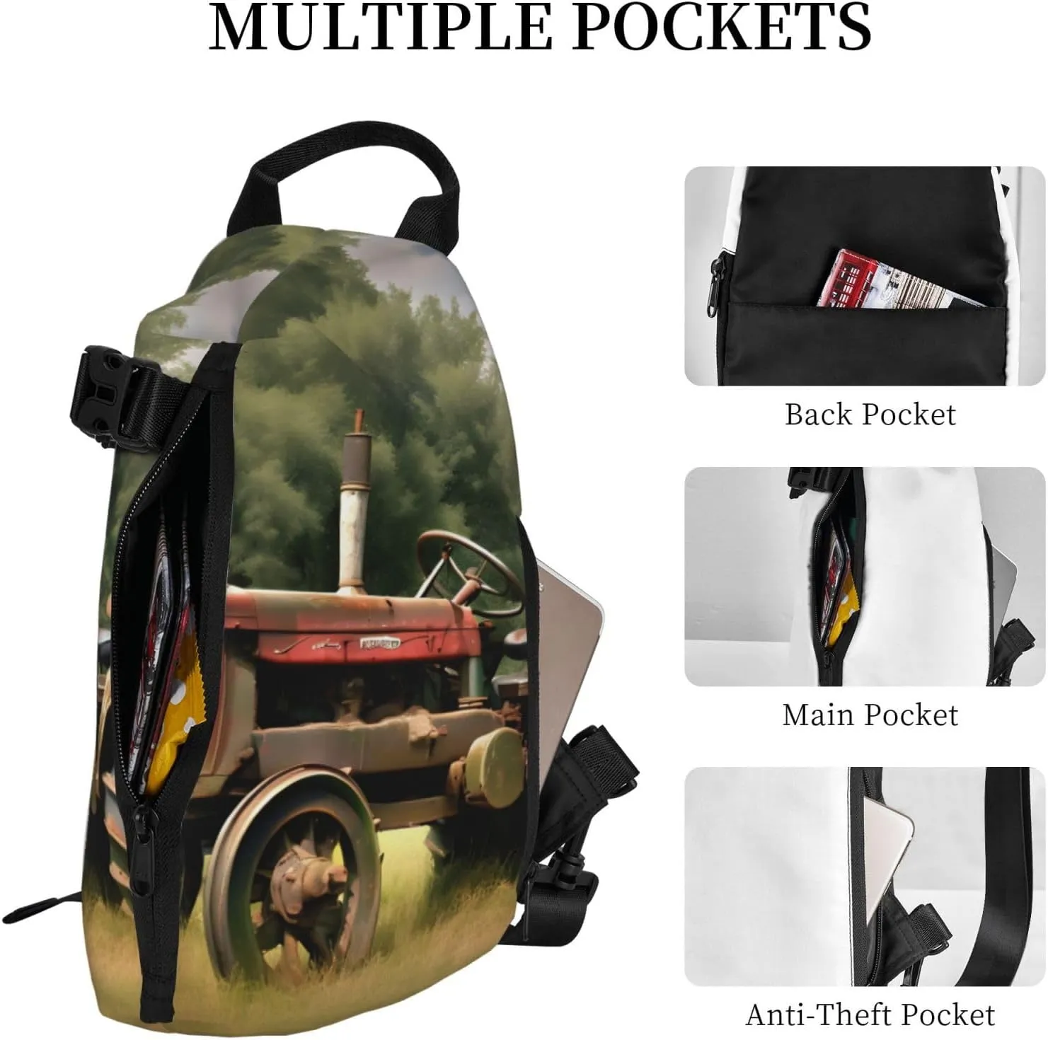 Old Tractor Photoes Farm Print Crossbody Backpack Casual Sling Bag Travel Lightweight, Adjustable Cross Bag