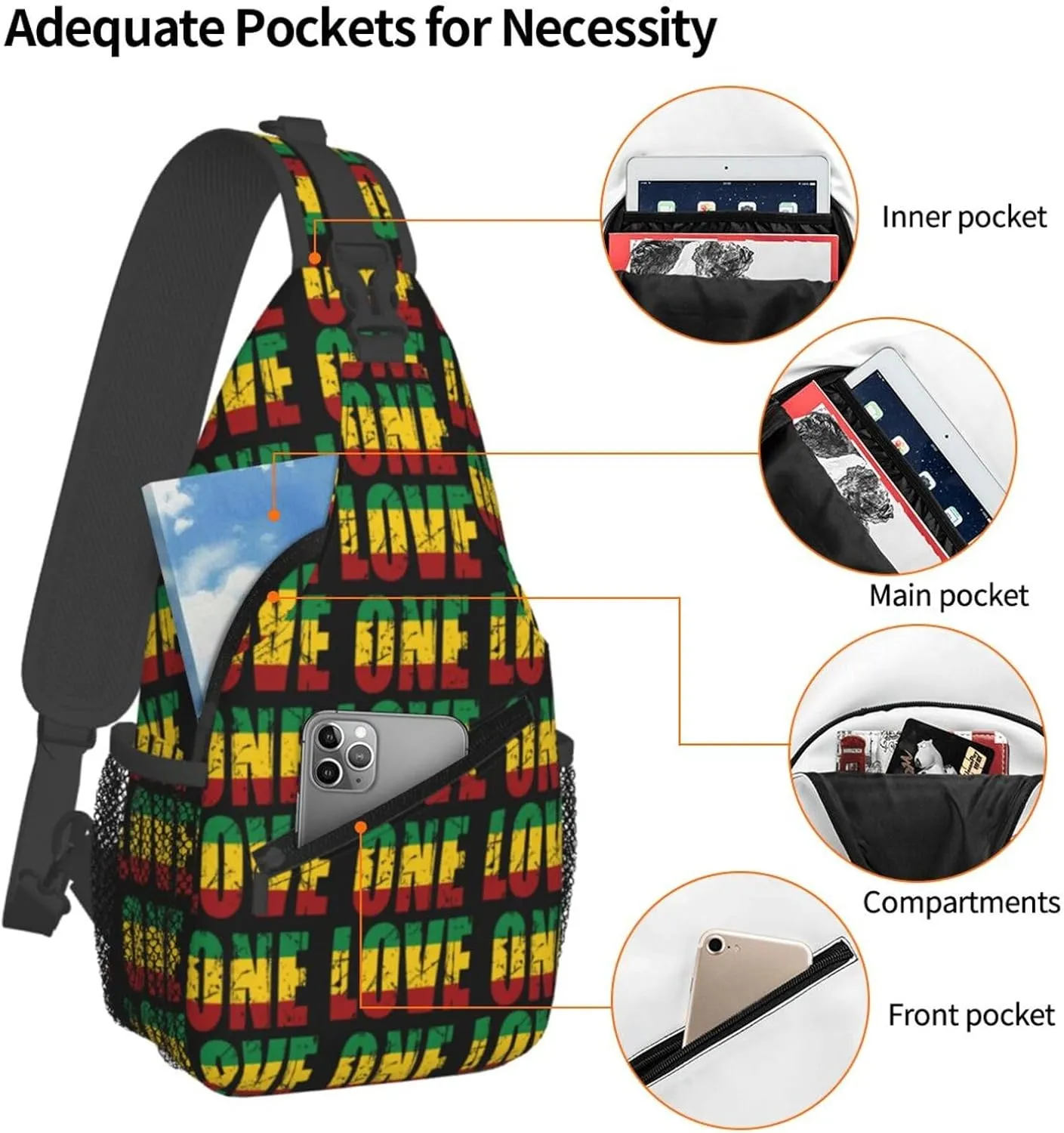 One Loves Jamaican Rasta Reggae Sling Bag Adjustable Crossbody Bag Casual Chest Bags Travel Shoulder Backpack