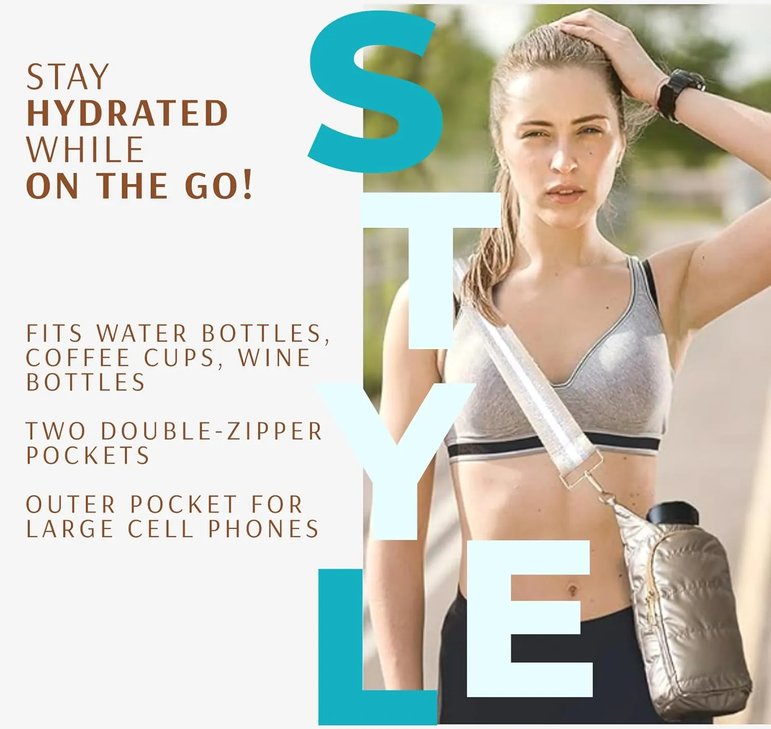 Original Crossbody Water Bottle Holder Bag with Strap.Stylish Puffer Bag.Pockets for Phone & Accessories.BEST GIFT