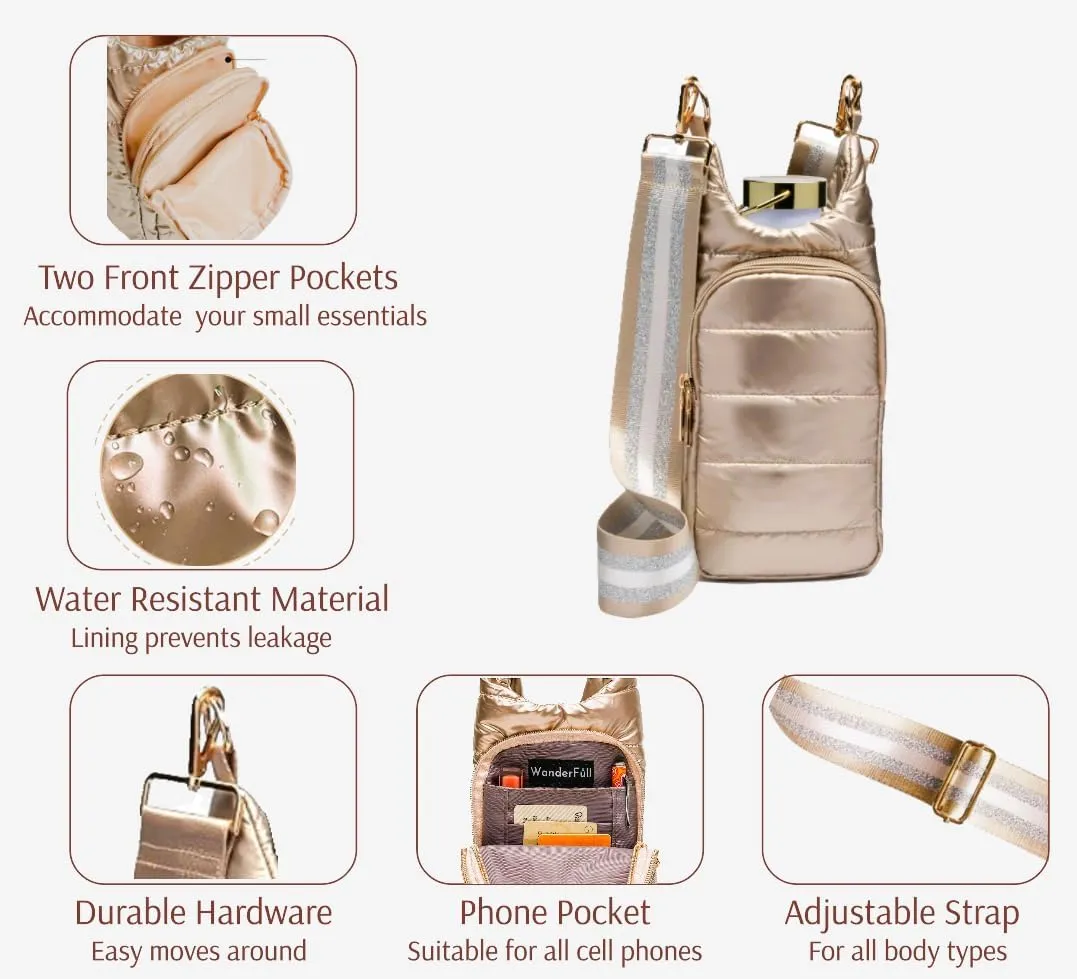 Original Crossbody Water Bottle Holder Bag with Strap.Stylish Puffer Bag.Pockets for Phone & Accessories.BEST GIFT