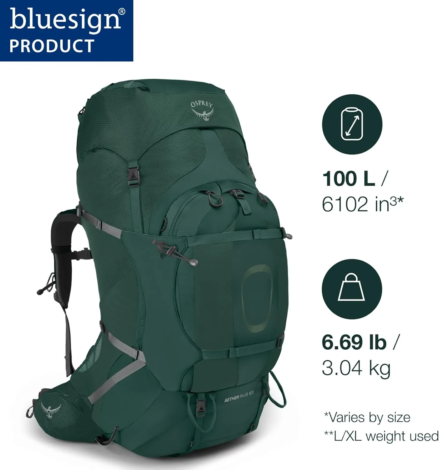 Osprey Aether Plus 100L Men's Backpacking Backpack, Axo Green, S/M