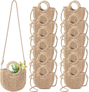 Oudain 12 Pcs Semi Circle Rattan Straw Bags Straw Purses for Women Summer Beach Tote Bags Hand Woven Cross Body Handbag
