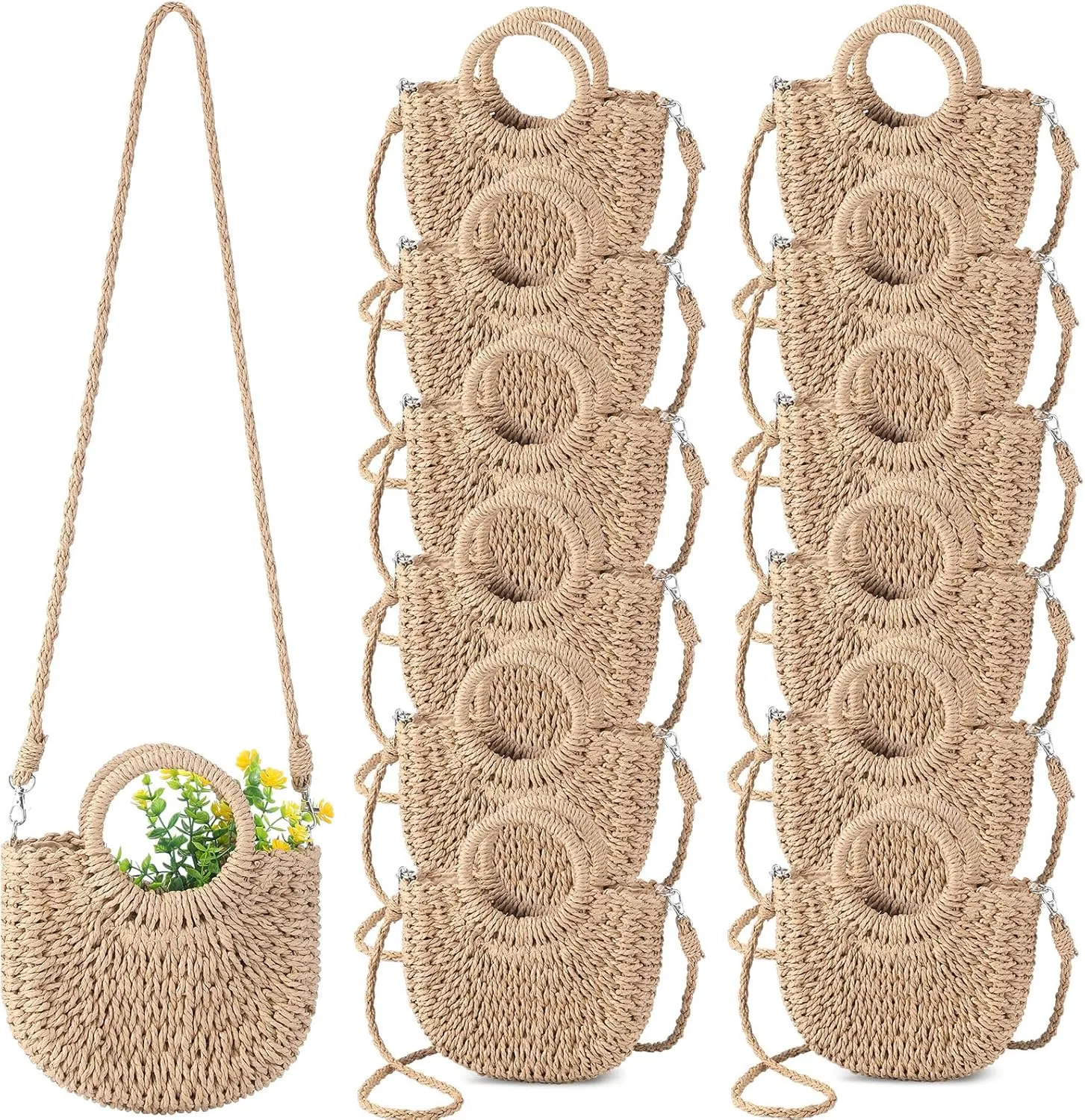 Oudain 12 Pcs Semi Circle Rattan Straw Bags Straw Purses for Women Summer Beach Tote Bags Hand Woven Cross Body Handbag